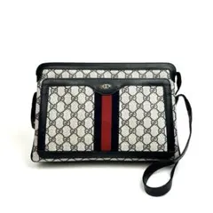 美品】グッチ ショルダーバッグ GGプラス ゴールド PVC レザー 紺系