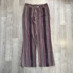 70s カジュアル フレアパンツ ストライプ L バーガンディ ローライズ 古着