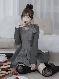 darich ダーリッチ　チェックストライプバルーンミニワンピース F GRY