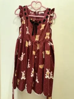 Ank Rouge くま柄 うさぎ柄 ジャンパースカート 赤 ボルドー レッド