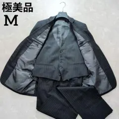 【極美品】スリーピース　ブラック　ストライプ　M　標準体型　春夏向け　薄手