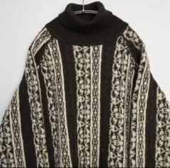 総柄デザインアルパカウール　タートルネックニット　セーター　茶　個性的　古着