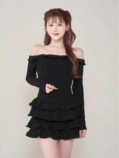 ボリュームフリルリブミニワンピース