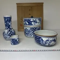 湖東窯 青華文 皆具 共箱 染付 水指 建水 杓立 蓋置 茶道具 【k3847