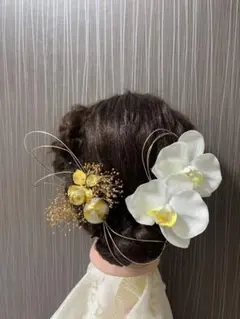 胡蝶蘭髪飾りセット　ゴールド　白無垢　前撮り和装　結婚式卒業式成人式　和玉　水引