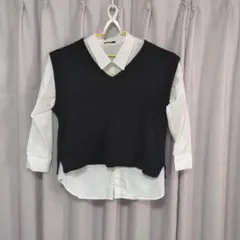 SUREVE 黒 Vネックニットベストと長袖シャツセット