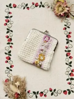 【ハンドメイド】ぺたんこがま口　アフガン編み　インド刺繍リボン　カードケース