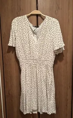 【ZARA】 フリル袖 ドットミニワンピースM ホワイト×ブラック ウエストゴム