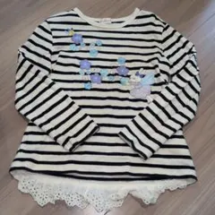 ストライプ柄 花とウサギ刺繍 長袖カットソー　ニットプランナー