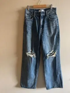 AZUL ダメージ加工 ブルーワイドレッグデニム M