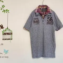 2枚シャツ衿 ミックス杢カラーフロッキープリント半袖ポロシャツ 重ね着風