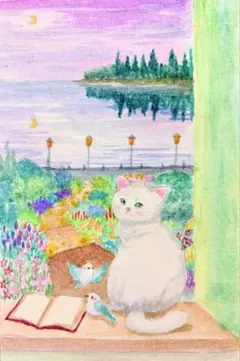 momorin原画 水彩画 海辺の窓辺で寛ぐ猫と小鳥 値段は※900円です momorin様専用原画 水彩画 海辺の窓辺で寛ぐ猫と小鳥 値段は※900円です
