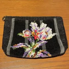 FEILER フェイラー ポーチ 黒 花柄 刺繍 ストライプ　プレゼントにも！