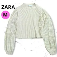 ZARA　ザラ　ベージュ　ニット　袖レース　シースルー　透け感　M　新品