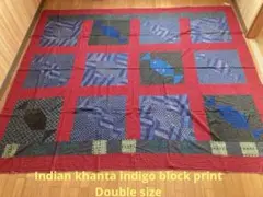 インド　カンタダブルサイズ　インディゴ　ボンボン　ブロックプリント