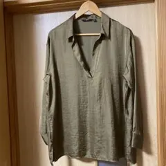 UNIQLO サテン長袖シャツ カーキ XL