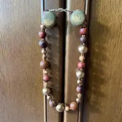 ウッド調ビーズ×ゴールド　大ぶりネックレス　ヴィンテージ風　ゴールド　ブラウン