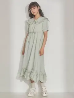 グリーン チェックフリル ロングワンピース merry jenny