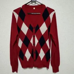 【TOPVALU】アーガイル ニット カーディガン S レッド