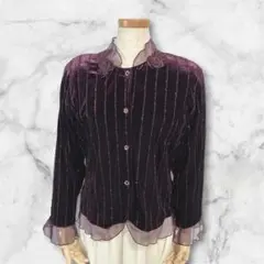 【希少レトロ】 韓国ヴィンテージ ベロア フリルブラウス ローズ刺繍 バレエコアのサムネイル
