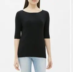 GU ワイドリブボートネックセーター(5分袖)ブラック Mサイズ