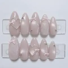 【現品】ネイルチップ 韓国風 マグネット シンプル レース リボン ハートピンク