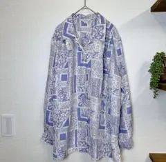 【vintage】洗えるシルク 総柄シャツ ブルー系 ヴィンテージ L 大きめ