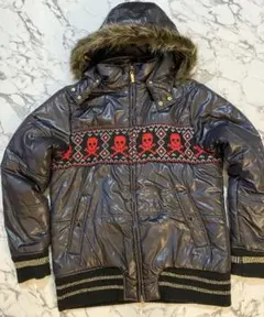 Y2K グランジ　ダウンジャケット　光沢　スカル　フードファー　00s 平成