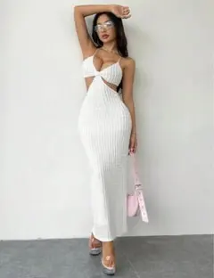 SHEIN 白　カットアウト　ロングドレス　マキシワンピース　キャミワンピース