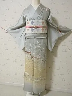 AA57愛華 着物 訪問着 刺繍 シワトウ 花柄 落款あり 仕付け糸 美品