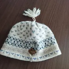 クリーム色 ネイビー 編み込みニット帽