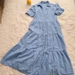 ZARA 半袖 ティアードワンピース ライトブルー S 麻混素材