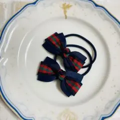 センタークロス　リボン　ヘアゴム ファミリア　赤　チェック　ハンドメイド