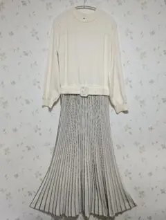 INDIVIニットロングワンピース 38 M ホワイト×ブラック