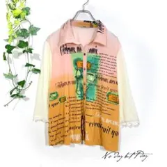 サンローマン 英字 総柄 七分袖 カットソー(XL)レトロ ヴィンテージ 日本製