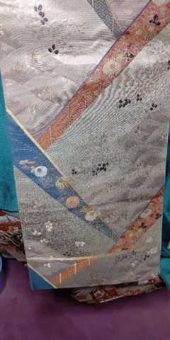シルバー系 袋帯 幾何学模様 花柄刺繍