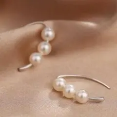 フックピアス　三連パール　フェイクパール　S925