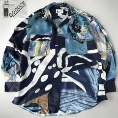 90s GOOUCH シルク長袖シャツ アート柄 ブルー 美品 XL相当 古着