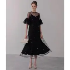 【LEJA】ティアードフリルスリーブレイヤードパールワンピースドレス