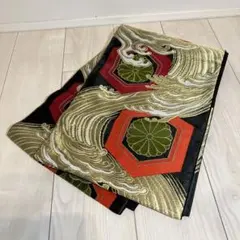 3F 袋帯 正絹 六通柄 黒地 金糸 吉祥波頭菊華文 振袖 訪問着 和装小物