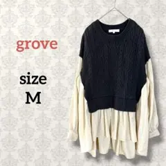 グローヴ【M】ケーブルニットドッキングシャツ チュニック 切り替え ゆったりのサムネイル