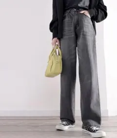 ゆったりハイウエストワイドストレート無地デニム&チノカラーパンツ 大きめ