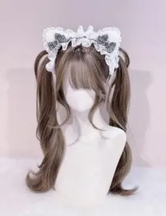 メイドクリスタルハート フリルリボン猫耳ヘッドドレス チェック黑x白