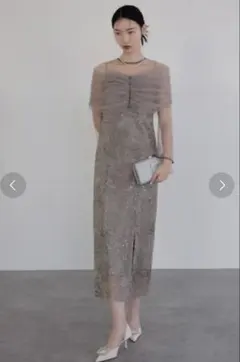 【LEJA】チュールオフショルダー花柄Iラインドレスワンピース