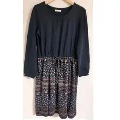 紺色北欧柄長袖ワンピースチュニック ネイビー小花柄 オリエンタル ウエストリボン