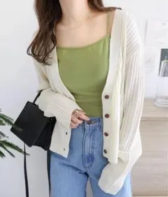 andme リネンタッチショート丈リブニットカーディガン