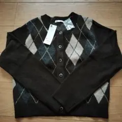 タグ付き☆GU パフニット アーガイルクルーネックカーディガン Mサイズ