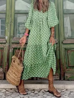 レディース グリーン 花柄プリント マキシドレス