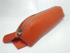 オレンジレザー ペンケース 金属ファスナー