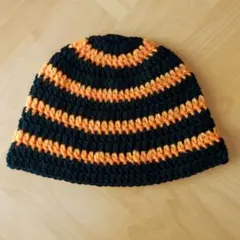 クロシェハット バケハ ビーニー クラッシャーハット 黒 オレンジ ボーダー